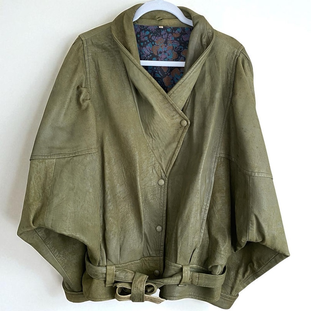 Made In England 100% Genuine Leather Suede Olive Dolman Sleeve Belted Jacket Lg